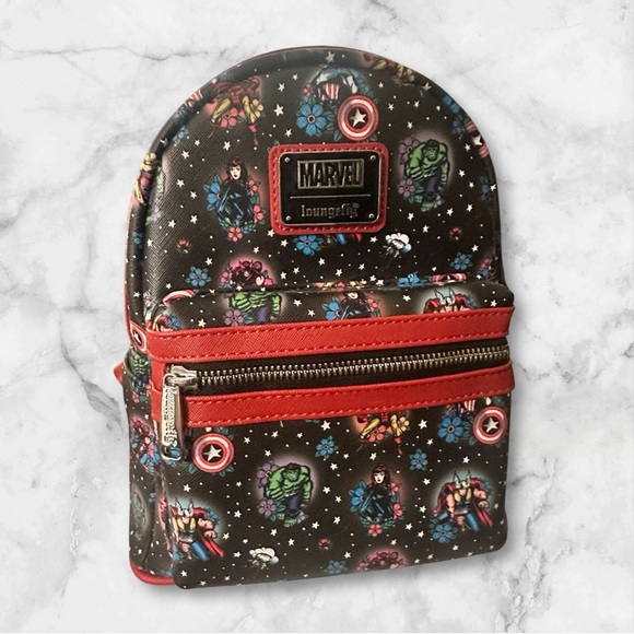 ⭐️NWT⭐️  Loungefly Marvel Avengers Tattoo Womens Double Strap Shoulder Bag Purse - Picture 1 of 6